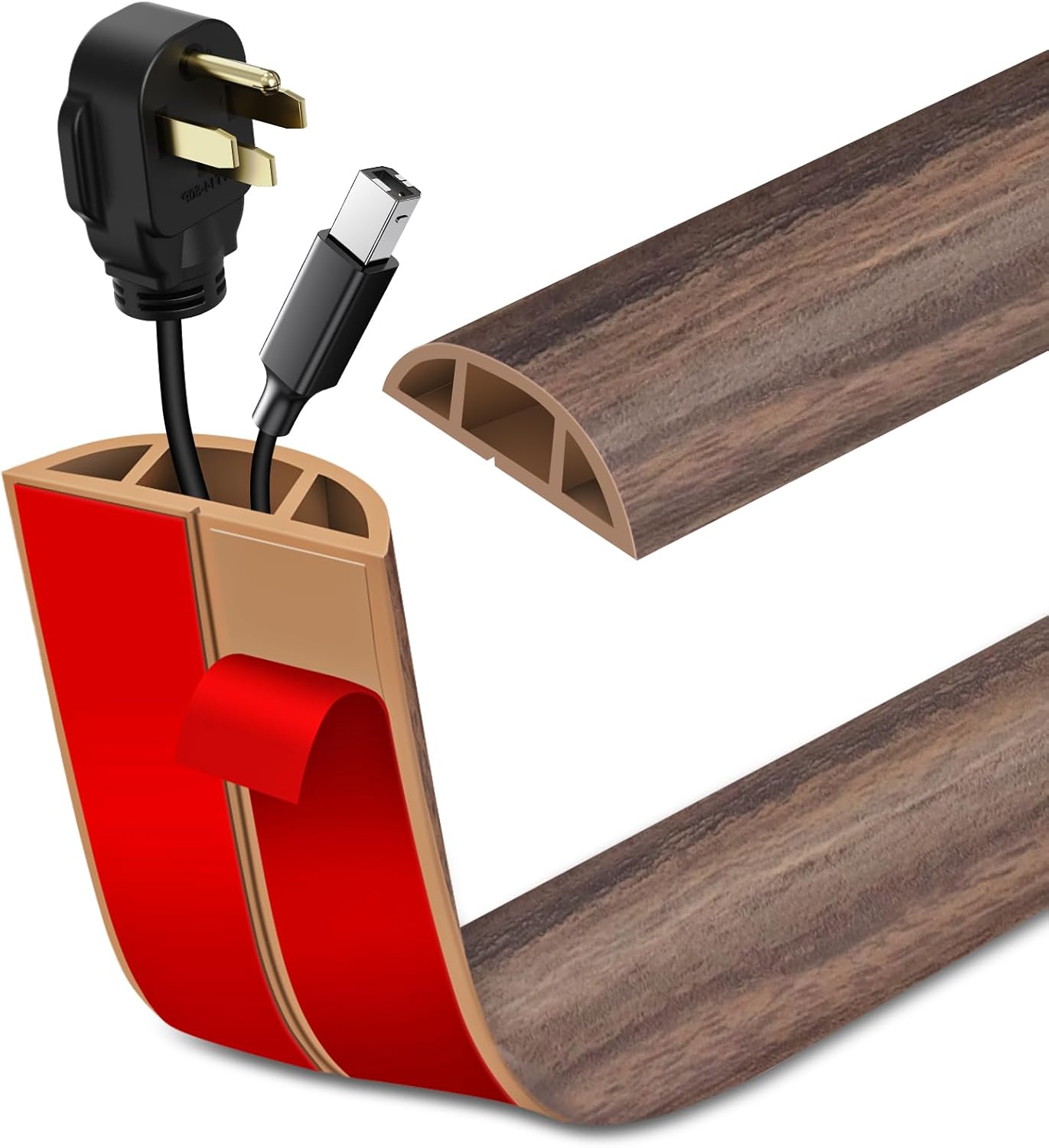 Floor Cord Cover Self Adhesive Cord Hider Floor Extension Cord Covers for Floor Power Cord Protector Cable Management Prevent Cable Trips Cable Cavity 0.47" W x 0.27" H (Smoked Brown Wood, 10Ft)
