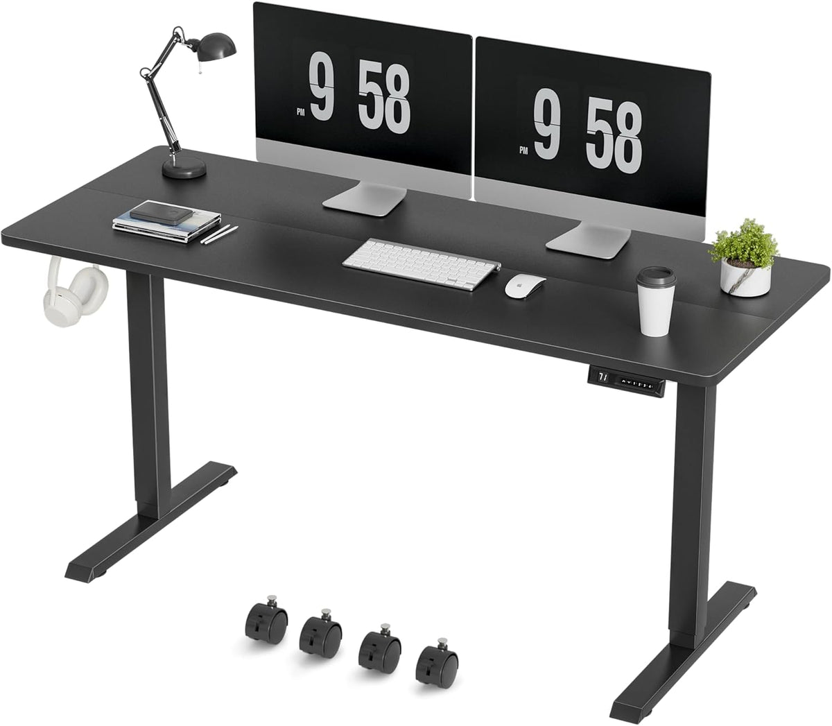 Furmax Electric Standing Desk, 59 x 24 Inches Height Adjustable Desk with Wheels, Home Office Computer Desk with Management Box (Carbon Black)