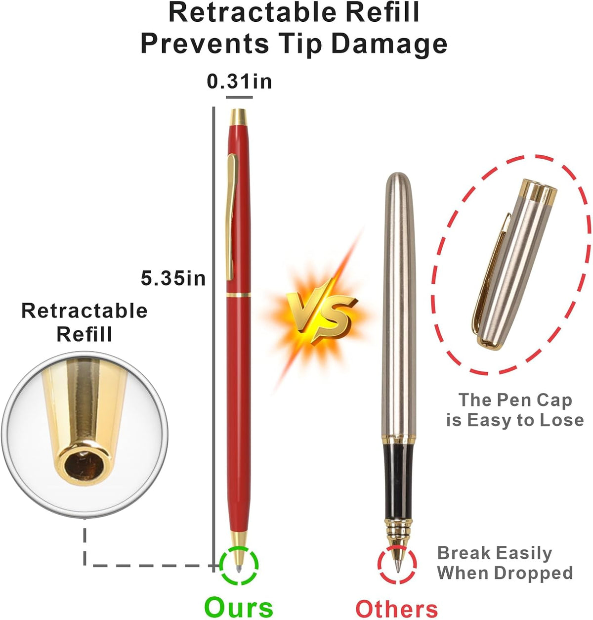 Cambond Ballpoint Pens Red Pens - Metal Black Ink 1.0 mm Medium Point Retractable Nice Pens Smooth Writing Pen for Journaling Men Women Police Uniform Office Business, 10 Pack (Red)