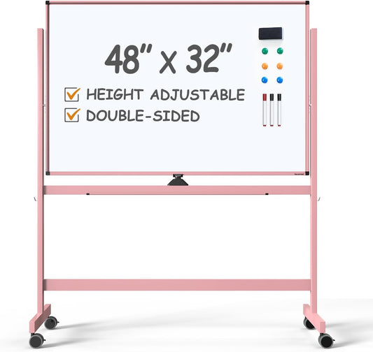 TSJ OFFICE Large Rolling Whiteboard - Dry Erase Magnetic 48 x 32 Inches White Board Height Adjust Double Sides Mobile Portable Easel on Wheels, Dry Erase Board with Stand for Office, Home & Classroom