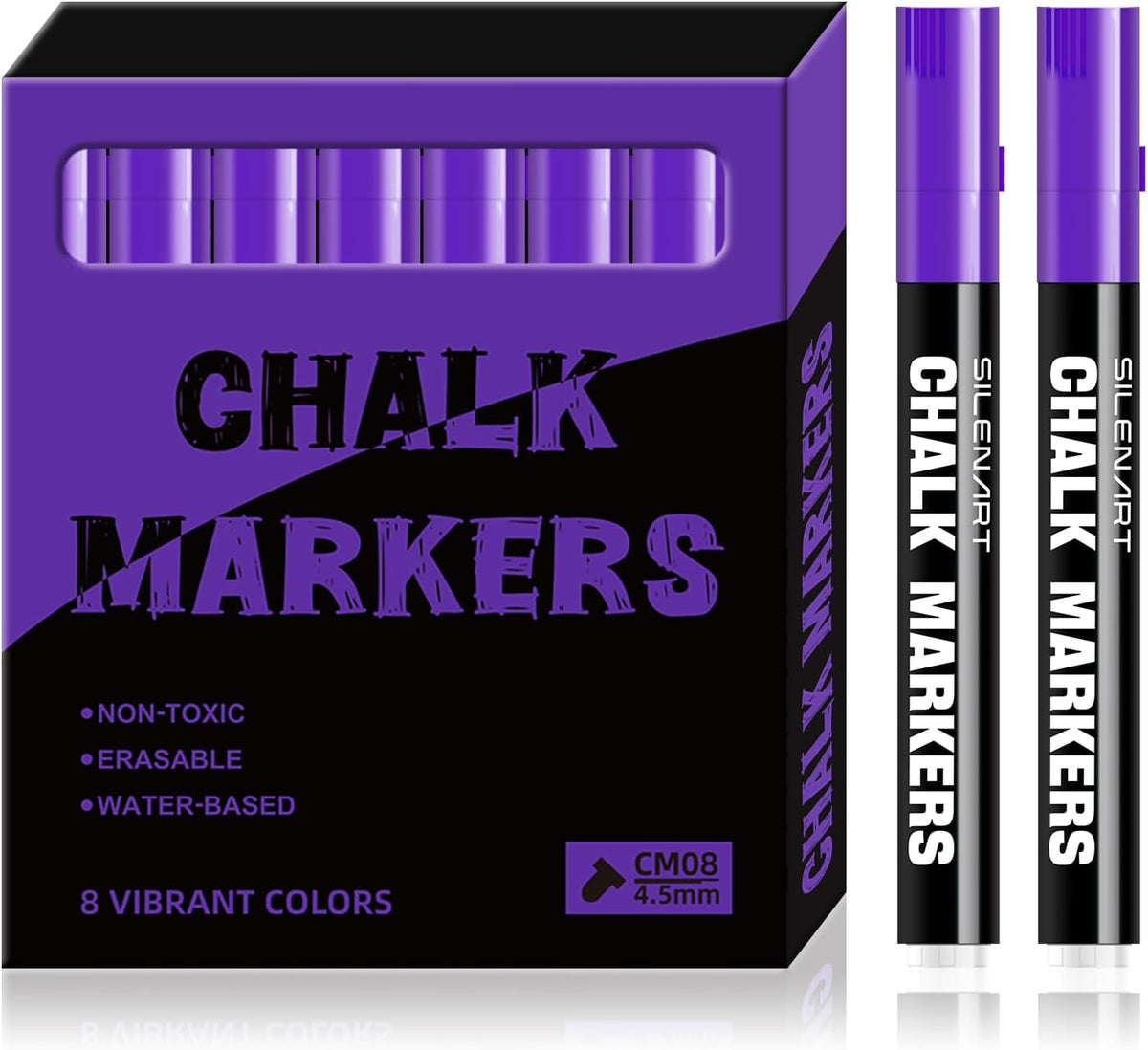 SILENART Purple Chalk Markers for Blackboard, Liquid Chalk Marker Pen for Chalkboard Dry Erase Calendar Board Car Windows Glass Menu Board - Erasable, Bold Tip, 8 Pack