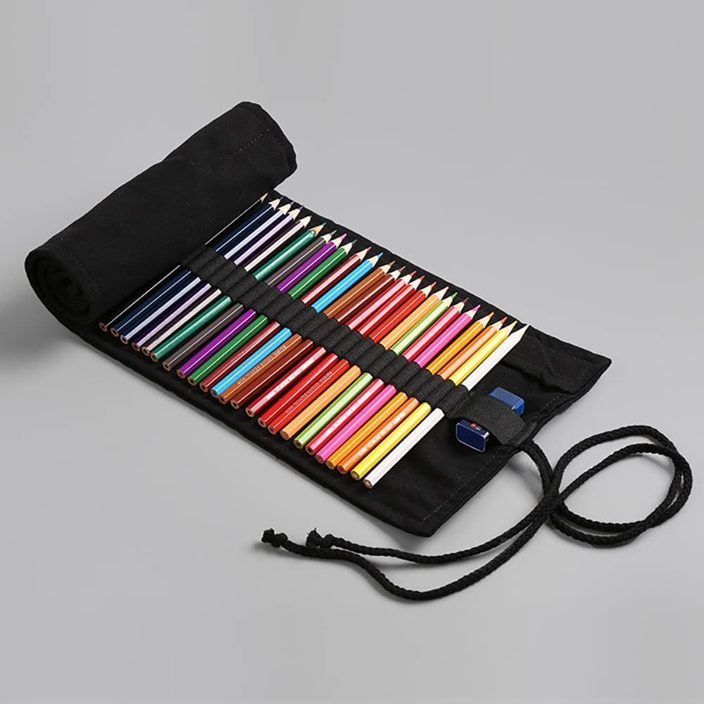DIYOMR 12/24/36/72 Slots Pencil Wrap Pencil Rolls, Artist Colored Pencil Roll Up Bag Short Brush Pouch Case Pencils Organizer for Drawing Coloring and Sketching, No Pencils (Black, 12slots), PCD1098