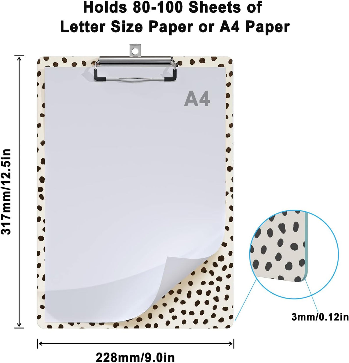Clipboard Design Decorative Wood A4 Letter Size Clip Boards for Classroom Office, Standard Size 9" x 12.5" with Low Profile Metal Clip - Spots Leopard