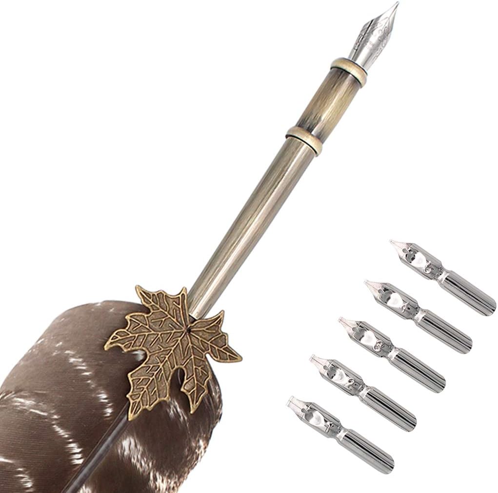 Gullor Quill Handcraft Feather Dip Pen Stem Metal Nib Pen Writing Quill with 5 Extra Nibs, Style E