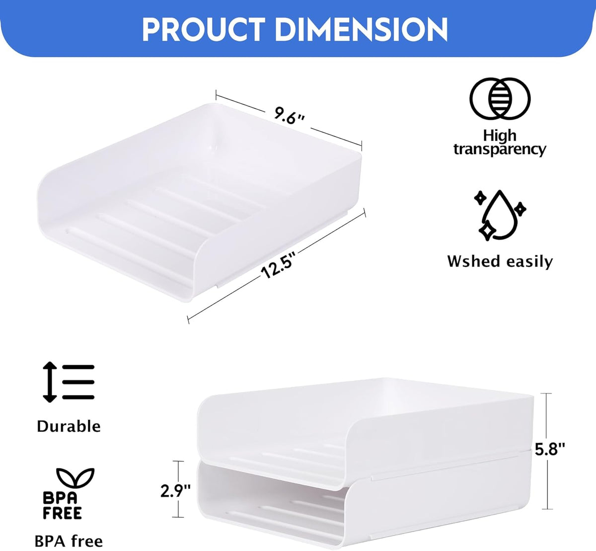 Letter Tray, Set of 2 Office Organization and Storage, PET Letter Tray Desk Organizer, Stackable Document Organizer for Notes, Pens, File Paper, Desk, White