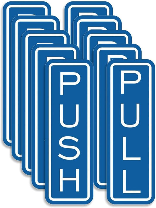 All Quality Classic Vertical Push Pull Door Signs - Great for Glass Doors | Professional Looking Signs | Easy Installation Includes Double-Sided Foam Adhesive Tape (Blue) - Small (5 Pack)