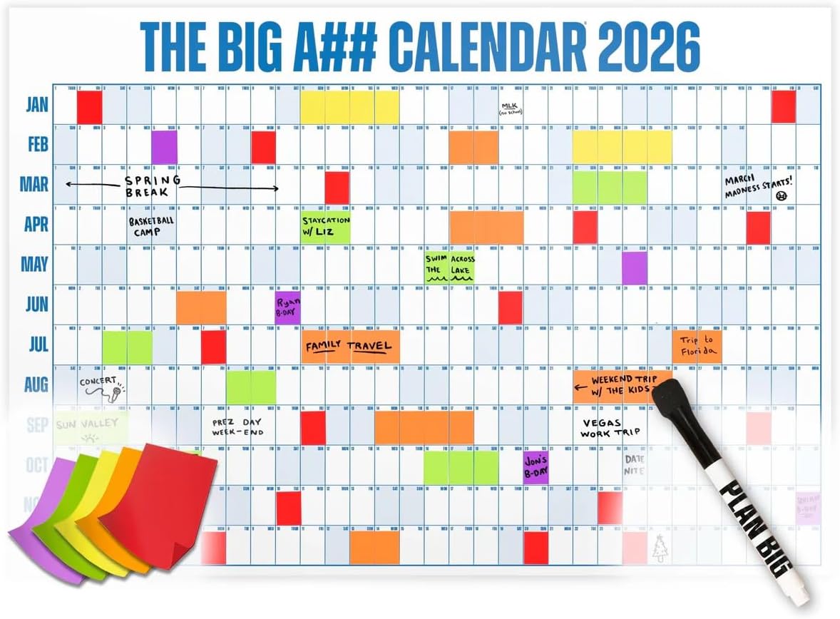 The Big A## Calendar Yearly Wall Planner – January to December Dry-Erase – Includes 1 Marker & 100 Labels – Lightweight, Easy to Hang Yearly Planner – Plan Goals & Adventures – Blue, 4’x3’