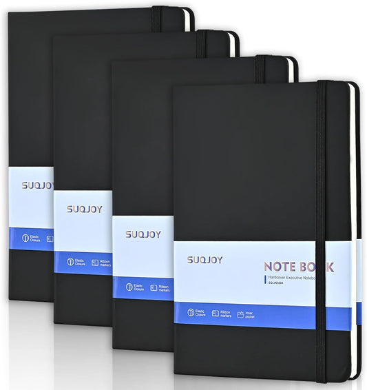 Lined Journal Notebooks, 4 Pack 160 Pages, 5.5x 8.2-Inch Journals for Women Men, Hardcover Notebook with 100 gsm Thick Paper, A5 Size College Ruled Notebook for Writing/Travel/Work (Black)