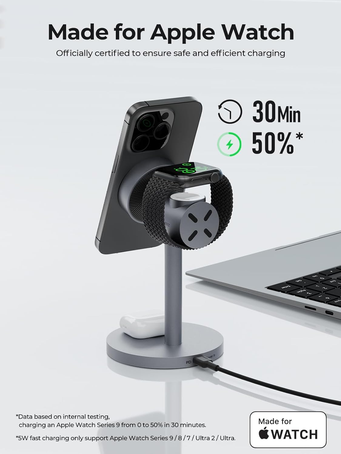 MagFusion 3-in-1 Charging Station Compatible with MagSafe, Qi2 Certified 15W Magnetic Wireless Charger Stand, for iPhone 17/16/15/14/13/12 Series, Apple Watch, AirPods(30W PD Charger Included)