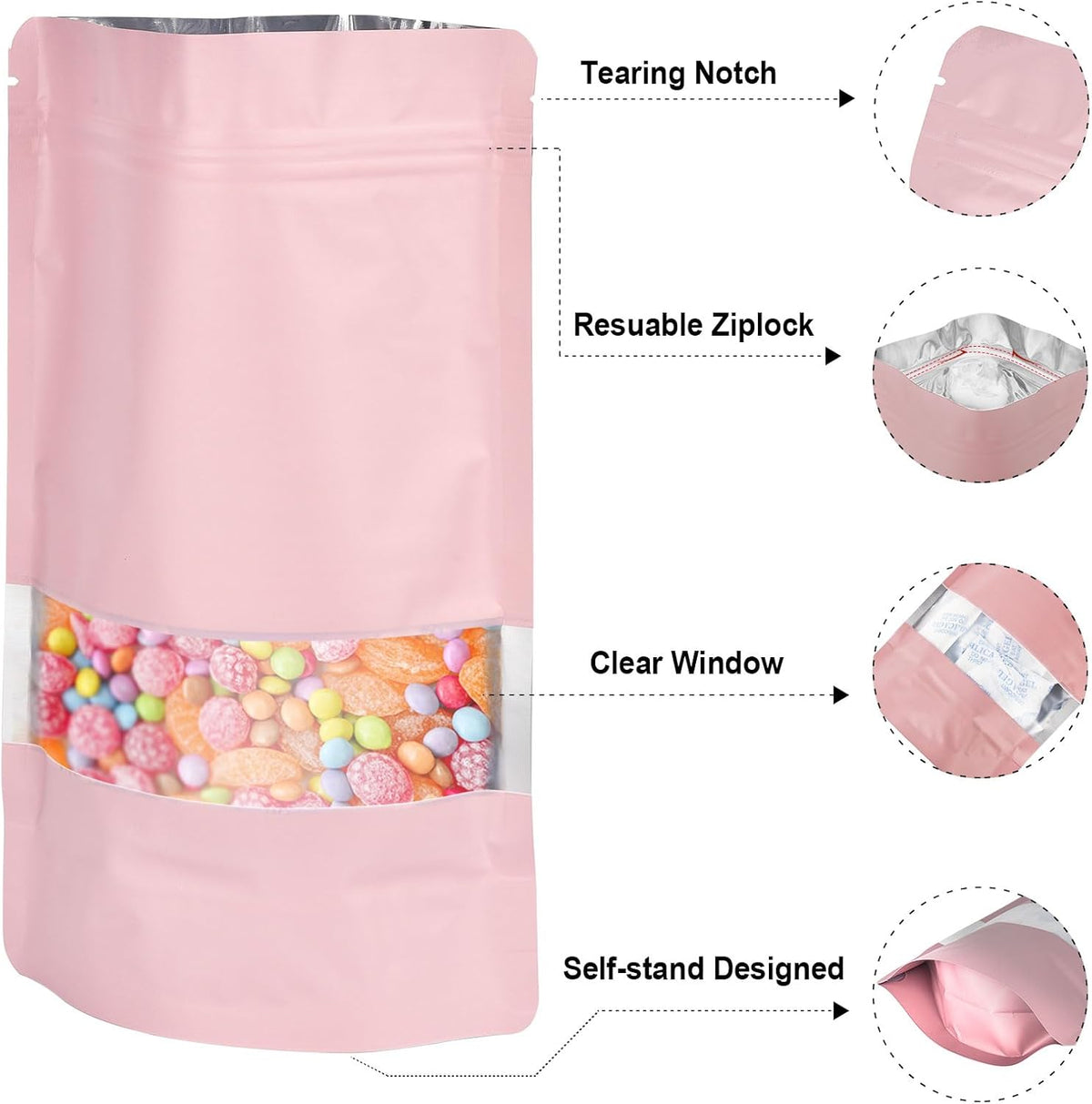 6.3"x9.5" 120pcs Mylar Bags for Food Storage,Smell Proof Bag with Matte Window Resealable Food Storage Bags for Small Business, Stand-up Foil Pouch Packaging Freeze Dried Candy Bag(Pink)