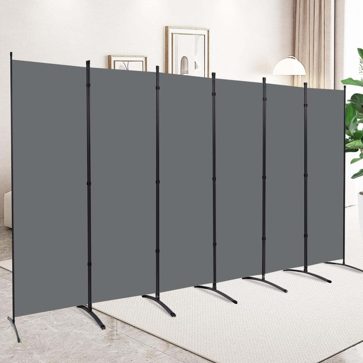 6 Panel Folding Privacy Screens, 6 FT Tall Wall Divider with Metal Frame, Freestanding Room Divider for Office Bedroom Study (6 Panel, Grey)
