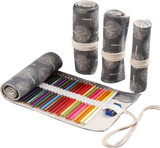 DIYOMR 24/36/72 Slots Pencil Wrap Pencil Rolls, Artist Colored Pencils Roll Up Bag Short Brushes Pouch Case Pencils Organizer for Drawing Coloring and Sketching (Trees, 36slots)