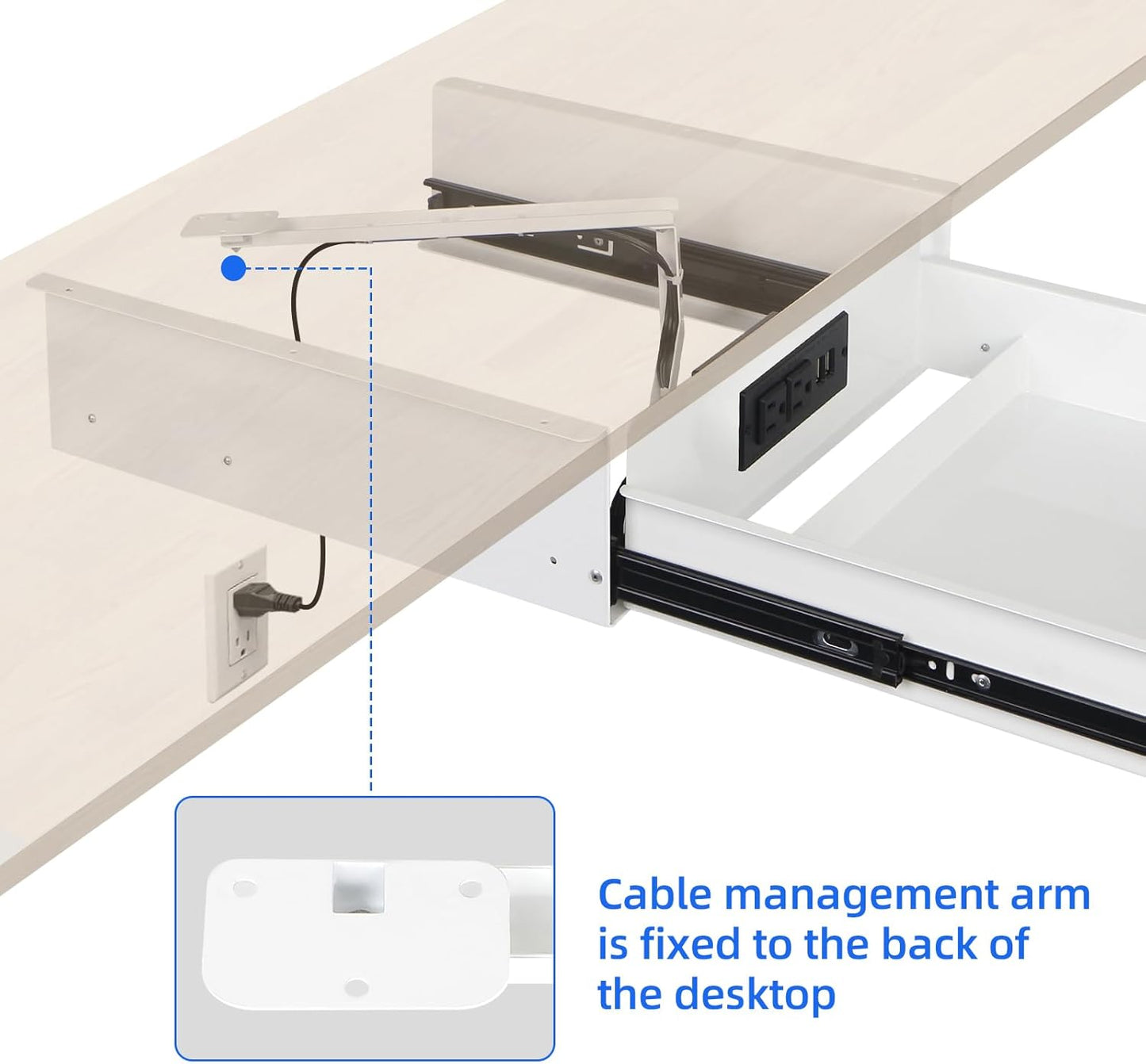 Lumil Under Desk Mounted Drawer Lockable with 3 Prong Extension Cord 10 FT with Multiple Outlets and Foldable Cable Management Arm for Office Desk 15.7" (W) x 15.7" (D) x 4.4" (H), White