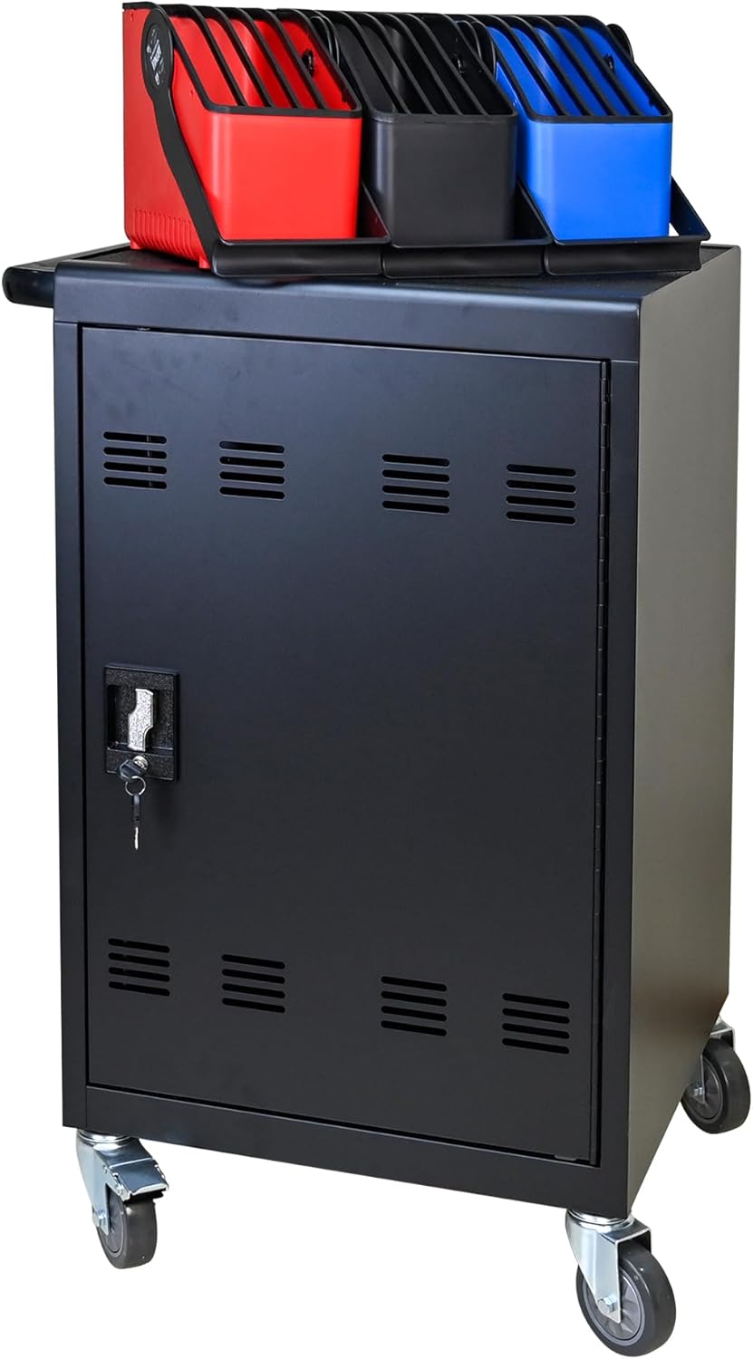 32 Device Charging Cart, Laptop and Tablet Storage Cart, Holds Up to 14" with 6 5-Device Storage Baskets, Cord Management, Front and Rear Access Locking, for Classroom or Office.Black
