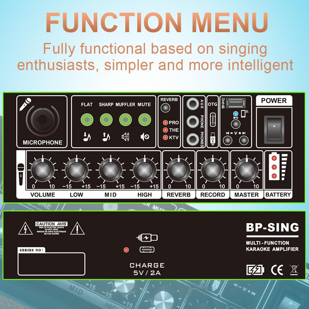 Coolmusic Professional Karaoke Machine Guitar Amplifier with 1 Microphone, Portable Bluetooth Speaker with OTG Supports USB, AUX, Rec, TWS, Part， PA System for Adults/Children