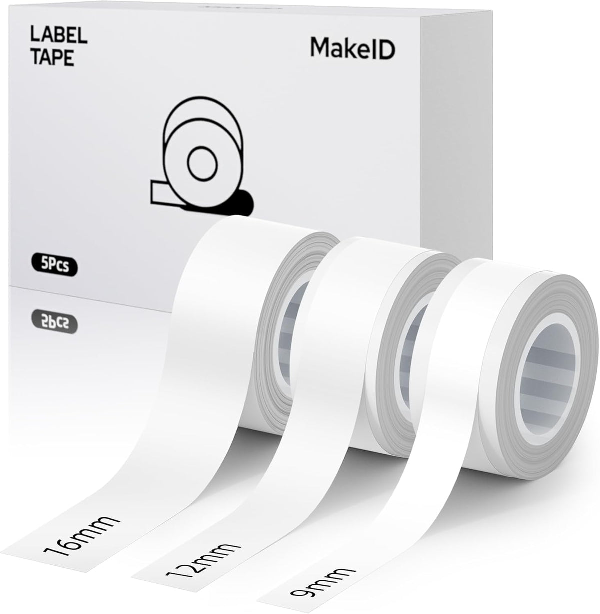 MakeID E1 Q1 Label Maker Tape Refills, 3-Roll 9/12/16mm Continuous Consumables Thermal Laminated Office Labeling Tape Replacement