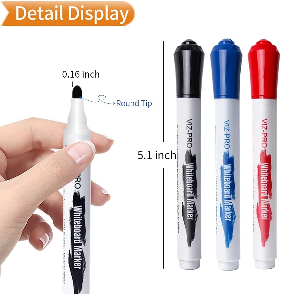VIZ-PRO Dry Erase Markers, Fine Bullet Tip, 3 Assorted Colors, 12-Count Low-Odor Whiteboard Pens