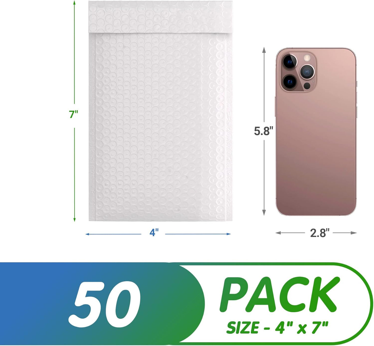 White Poly Bubble Mailers Self Seal, 4 x 7 Inch. Pack of 50 Bubble Packaging Envelopes for Shipping. Durable Padded Envelopes Waterproof. Self Seal Padded Mailers. Shipping Packages