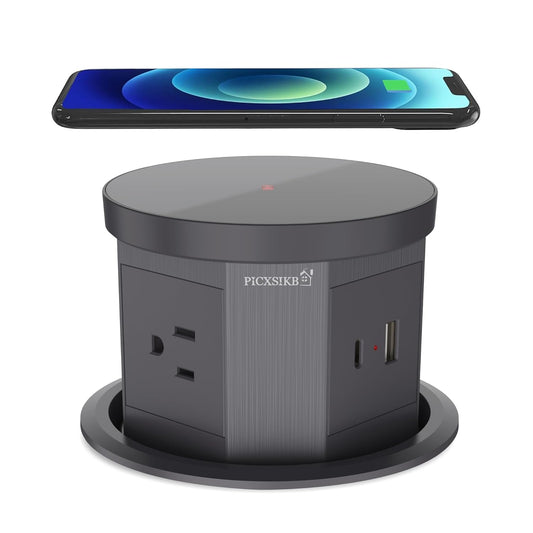 Pop Up Outlet for Countertop - 4.33-inch Automatic Pop Up Hidden Outlet - Round Electrical Outlet with 15W Wireless Charger, 1 USB-A, 1 USB-C & 3AC Plug - 5 FT Cord for Home, Office, Kitchen (Grey)