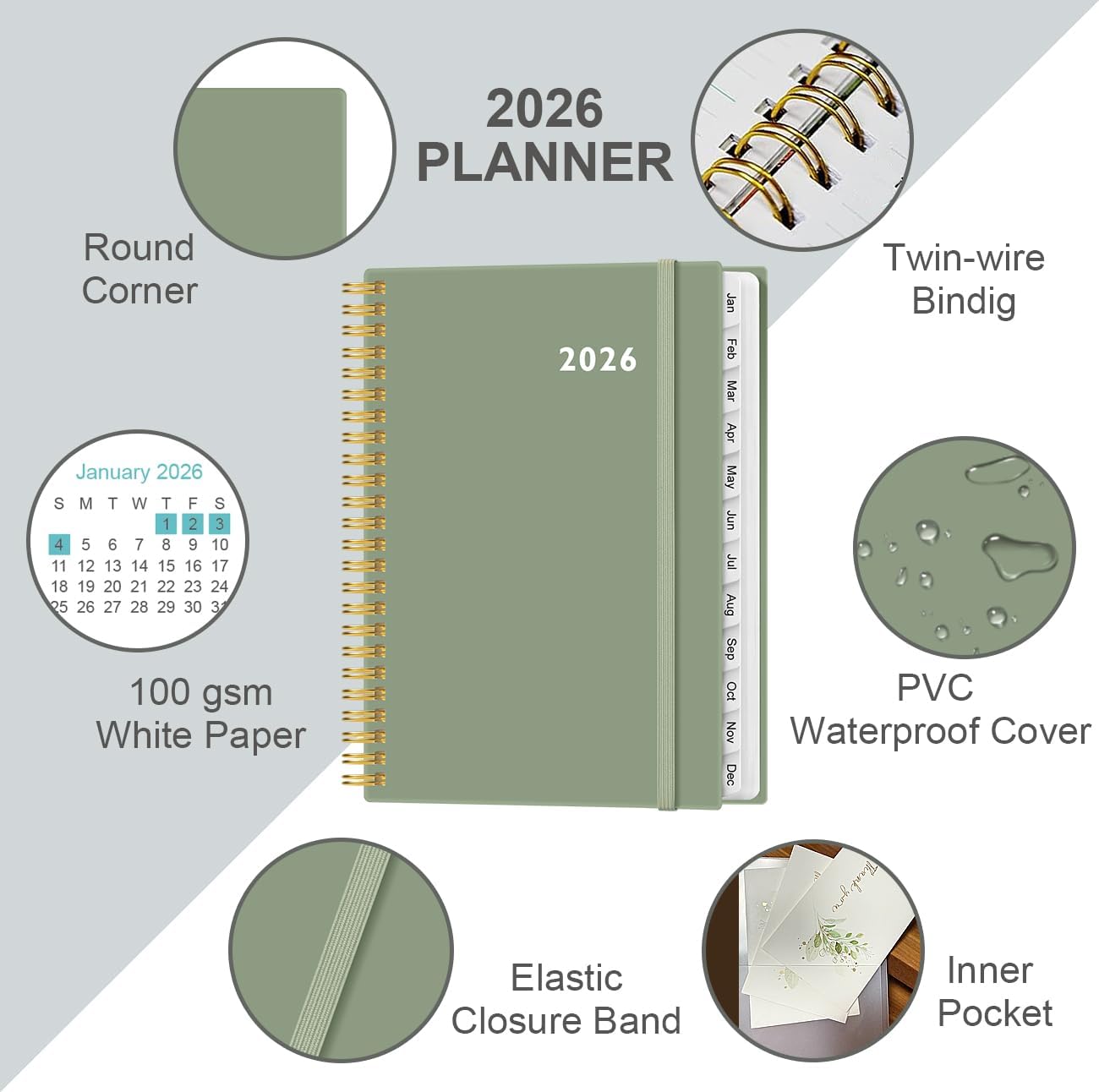 2026 Planner - Weekly and Monthly Calendar Planner from Jan 2026 - Dec 2026, Planner 2026 Spiral Bound with 12 Monthly Tabs, Inner Pocket, Perfect for School Office Supplies, 6.4" x 8.5", Green-C
