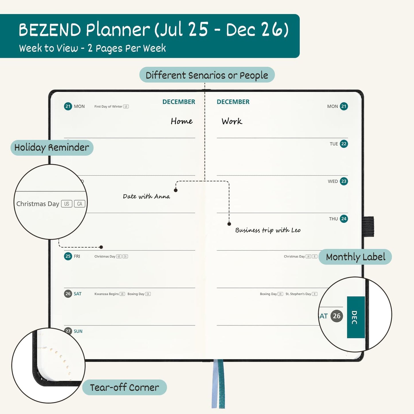 BEZEND Pocket Planner 2025-2026 Weekly with 2 Columns, 18-Month Academic Calendar (Jul 25-Dec 26), Life Work Appointment, Storage Pocket, Pen Holder, PU Leather Hardcover 3.5" x 6" - Lilac