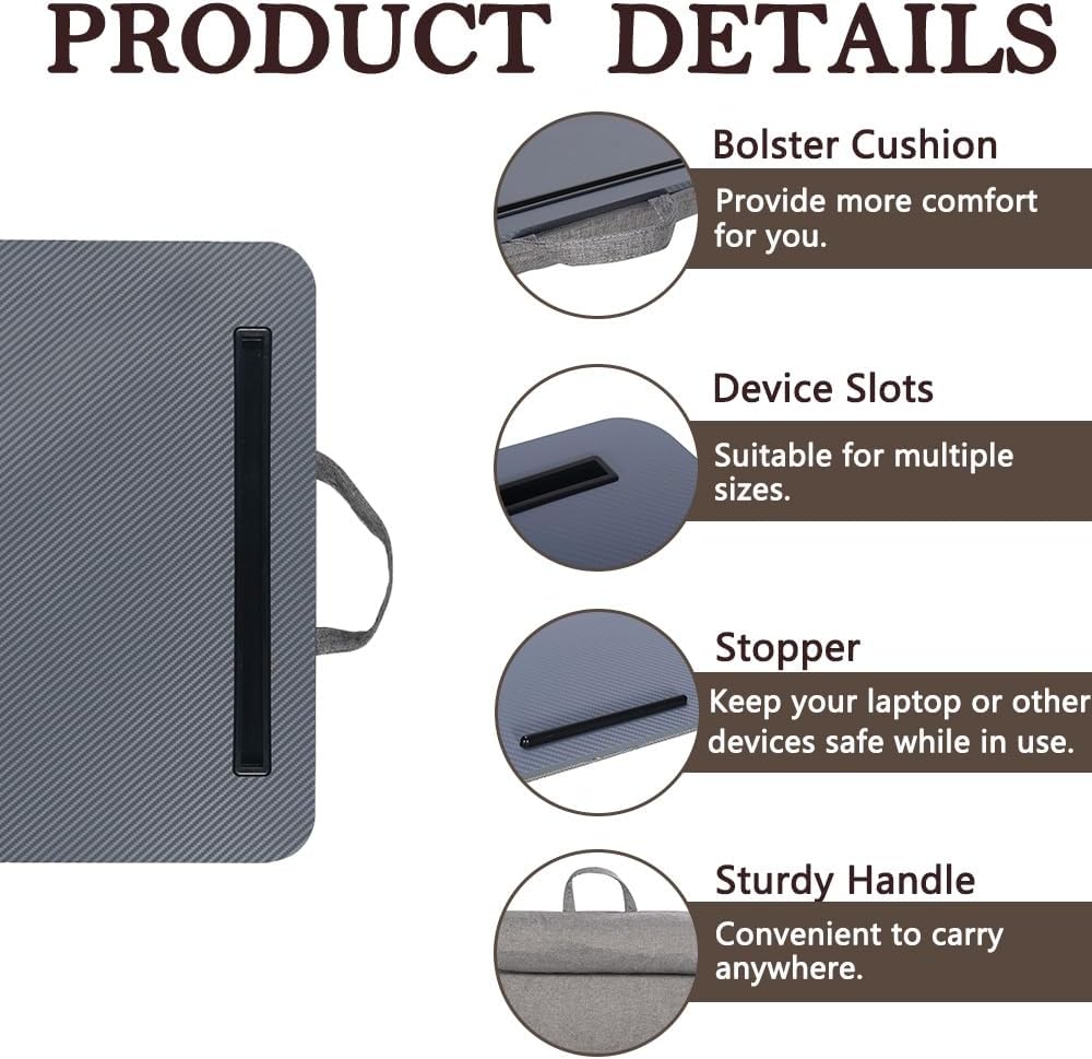 Portable Laptop Desk Fits Up to 16“ Laptops, with Tablet Slot, Built-in Cushion, Great for Home & Office,Lap Desk for Laptop,Lap Desk with Cushion (Dark Grey, Medium)