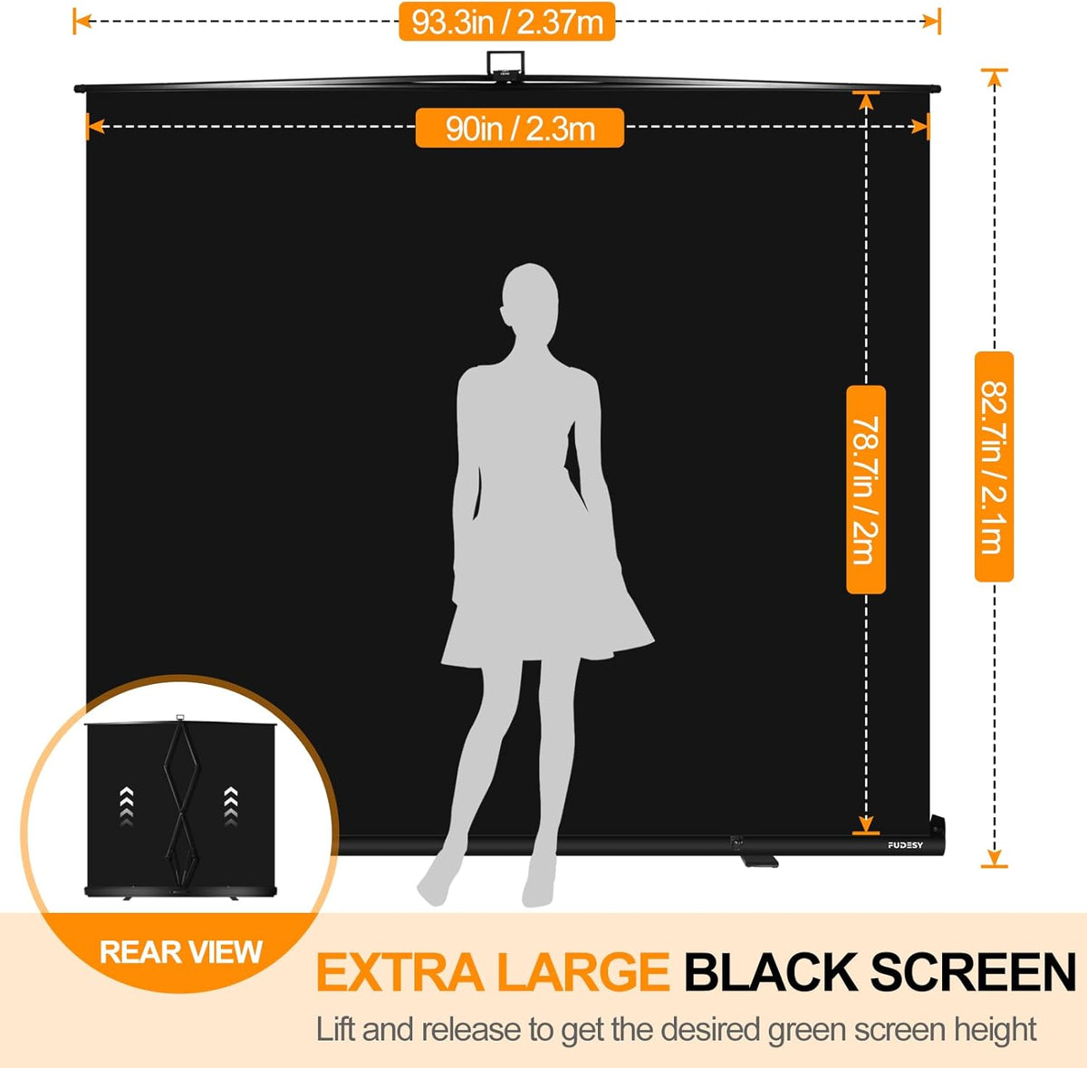 FUDESY 78.7 x 93in Large Collapsible Black Backdrop Screen, Portable Retractable Pull Up Panel Wrinkle-Resistant Photo Background for Streaming, Video Conference, Photographic Studio