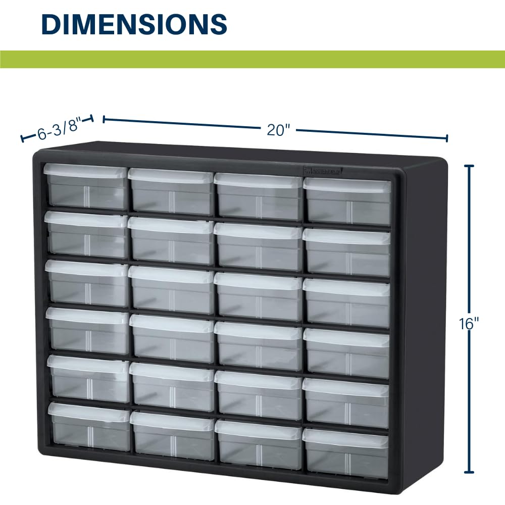 Akro-Mils 24-Drawer Plastic Drawer Storage Cabinet for Garage Organization, Bead Organizer, Building Bricks Storage, Teacher Toolbox, Makeup Organizer, 20-Inch W x 6-Inch D x 16-Inch H, 10124 Red