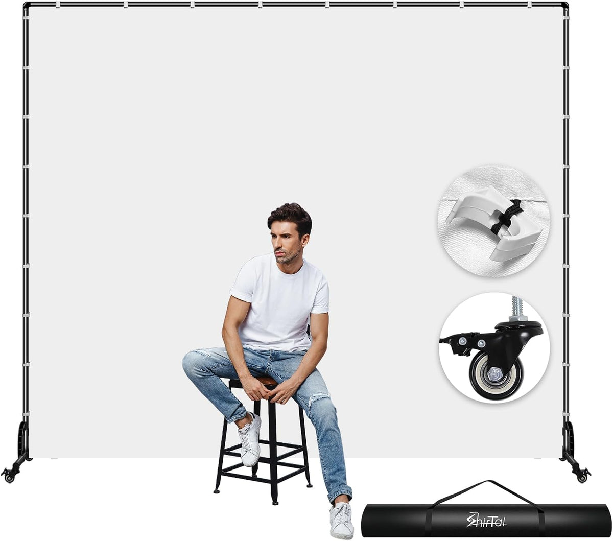 7x6.5ft Movable Backdrop Stand With White Screen and Wheels - Photography Background Stand for Photoshoot, Studio Video Recording, Events, Streaming