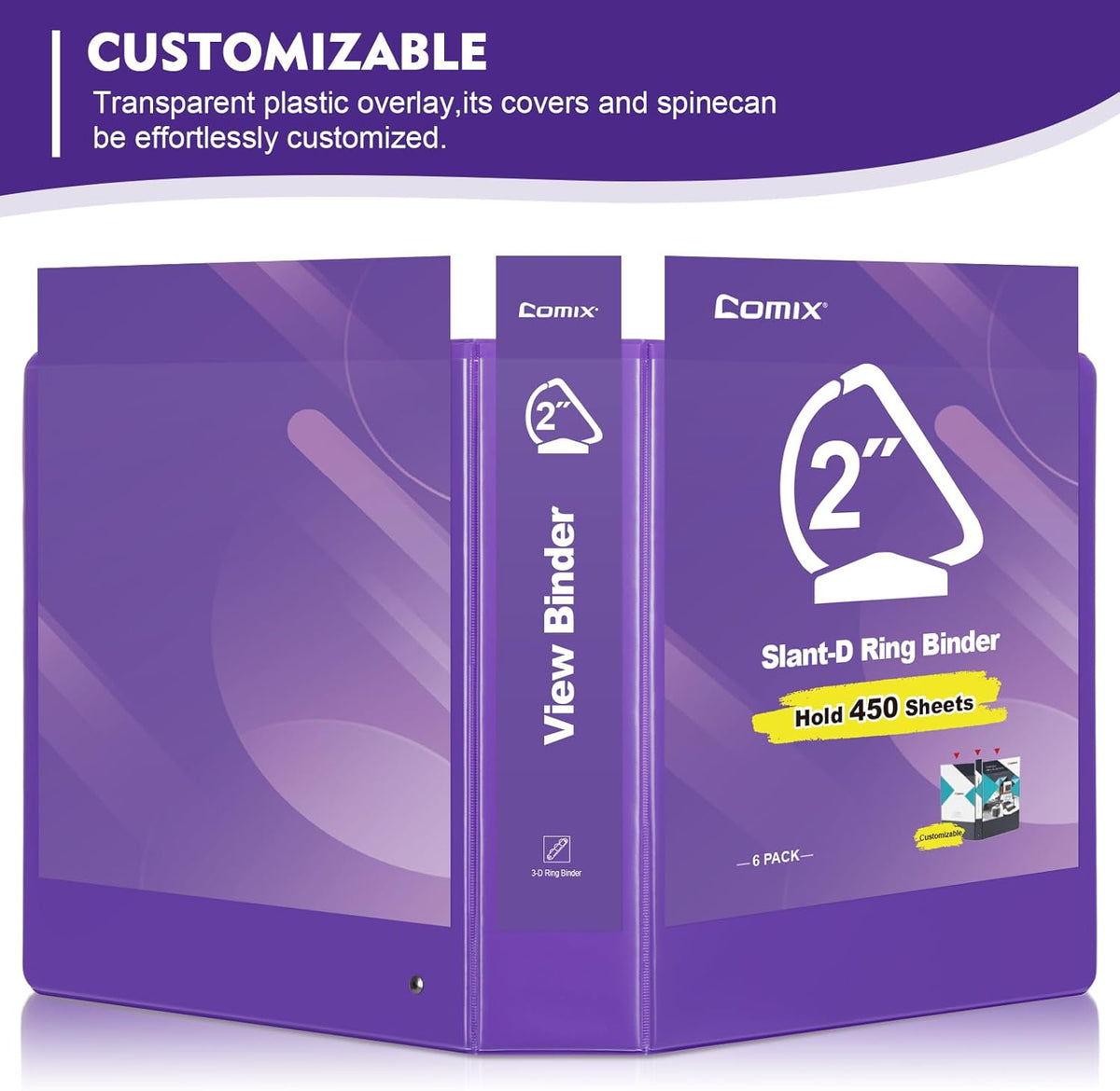 COMIX Sturdy 3 Ring Binder 2 inch with Clear View Cover, 2" Slant-D Ring View Binder Holds 500 Sheets of US Letter Size Paper, 6 Pack (Purple)