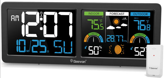 Geevon Weather Stations Wireless Indoor Outdoor Thermometer with Atomic Clock, HD Color Display Digital Temperature Humidity Gauge with Brometer, Comfort Indicator, and Adjustable Backlight