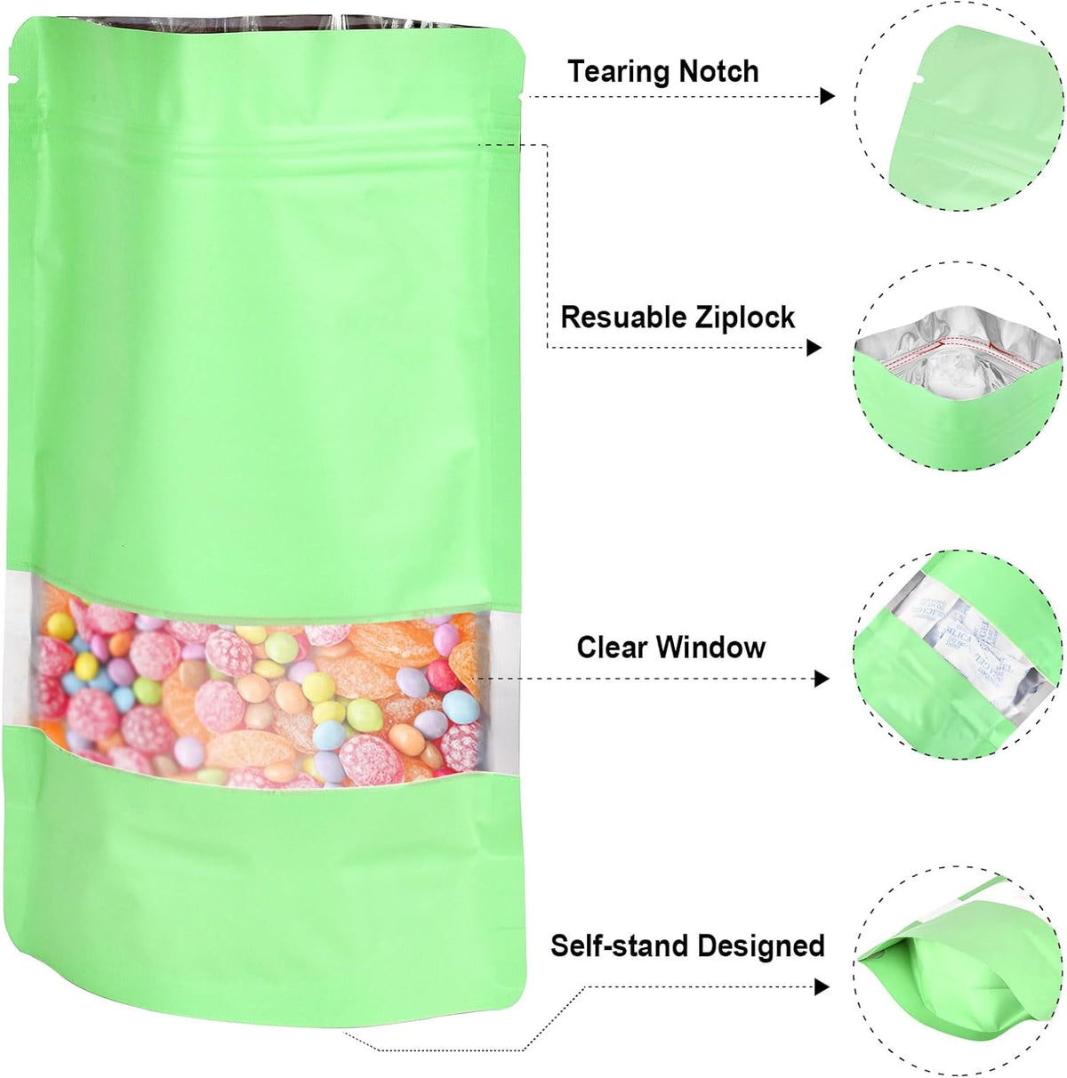 3.5"x5" 120pcs Mylar Bags for Food Storage,Smell Proof Bag with Matte Window Resealable Food Storage Bags for Small Business, Stand-up Foil Pouch Packaging Freeze Dried Candy Bag(Light Green)