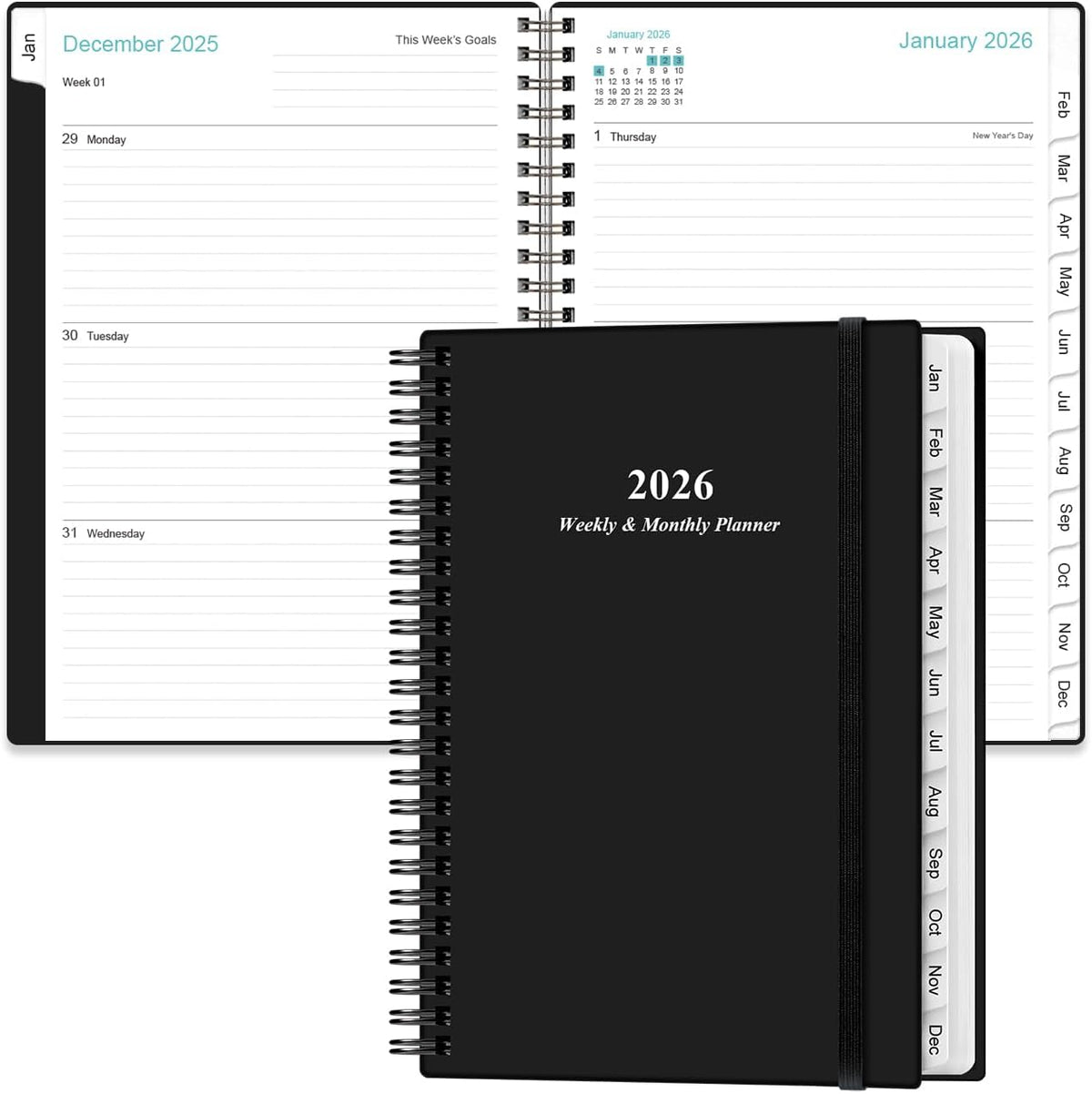 Planner 2026 - A5 Weekly & Monthly Planner Spiral Bound, January 2026 - December 2026, with Flexible Cover, Tabs, Inner Pocket, 6.4" x 8.5", Black