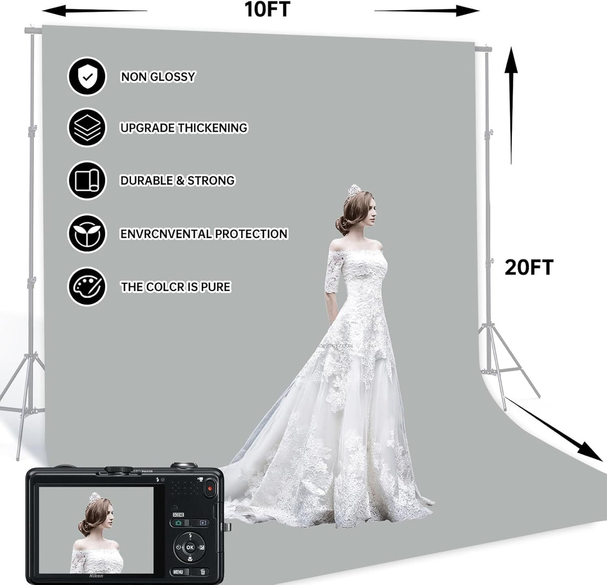 BEIYANG Light Grey 10 x 20 Ft Large Screen Backdrop Cloth for Photography, Non-Reflective Gray Photo Background Screen for Portrait Product Photo Studio Shooting Props, Background Decoration Cloth