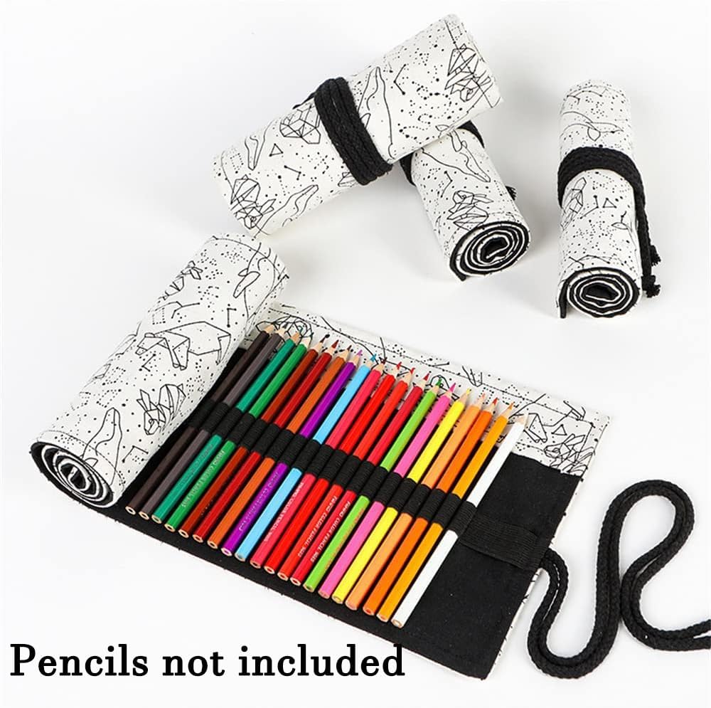 DIYOMR 24/36/72 Slots Pencil Wrap Pencil Rolls, Artist Colored Pencils Roll Up Bag Short Brushes Pouch Case Pencils Organizer for Drawing Coloring and Sketching (White Starry Sky, 36slots)