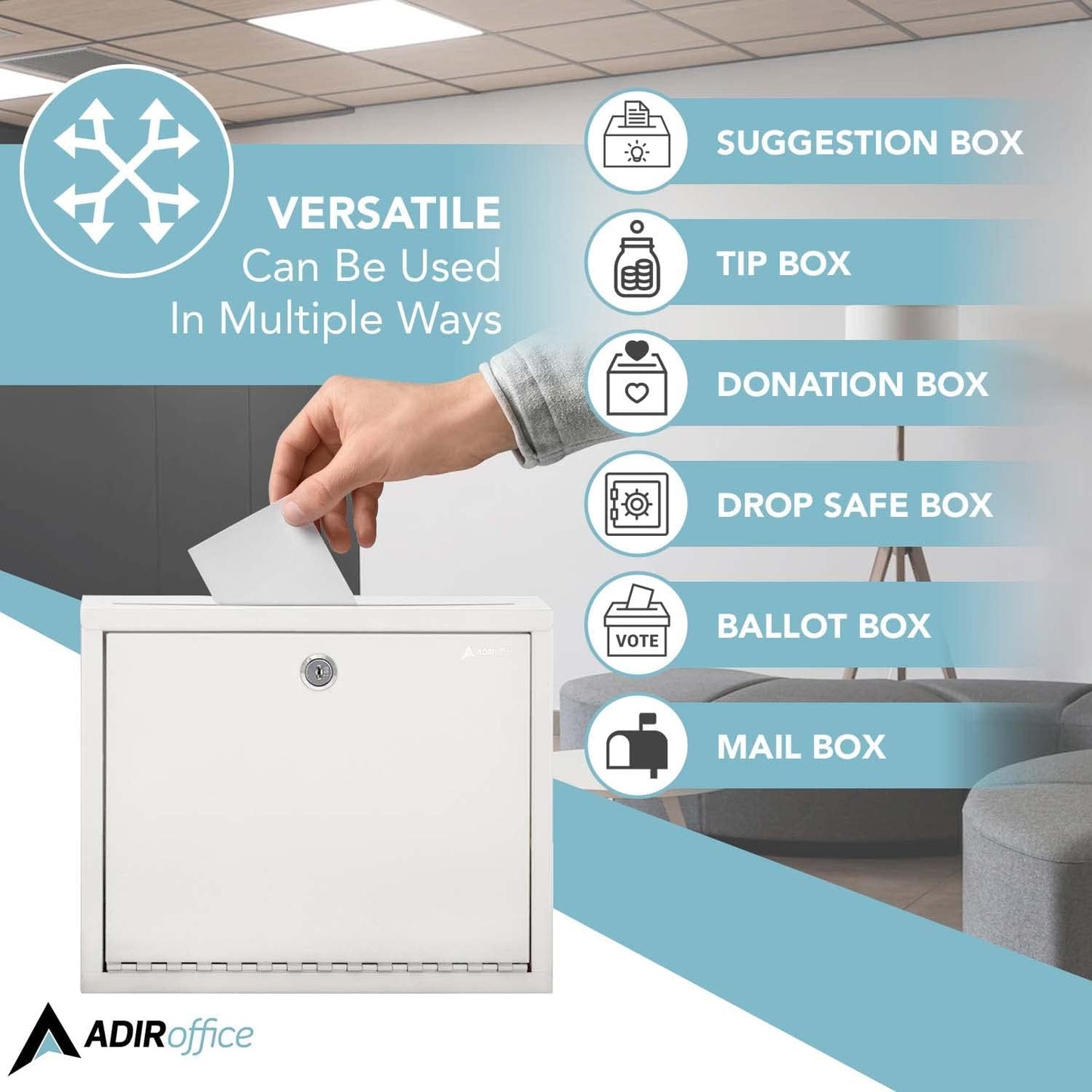 Adir Metal Suggestion Box with Lock and Slot, Wall Mount Deposit Box for Payments and Checks, Office Mail Box for Employees, Mailbox for House, Safe Drop Box with Keys - 3x10x12 Inch White