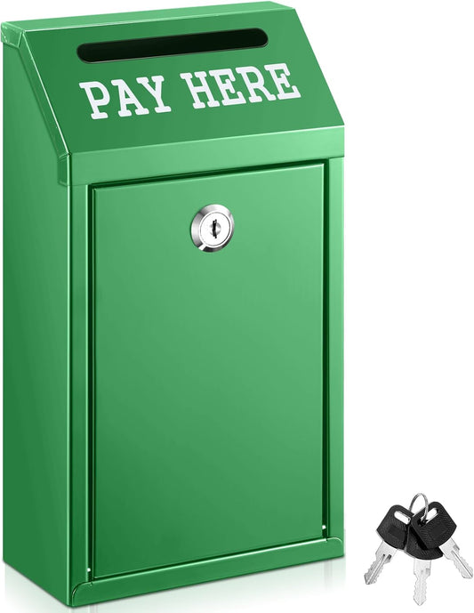 Safe Cash Box Money Collection Metal Donation Box with Lock Wall Mount Pre Drilled Mailbox Delivery Ballot for Home Office Outdoor Self Serve Stand(Green,10.2 x 5.7 x 2.8 Inch)