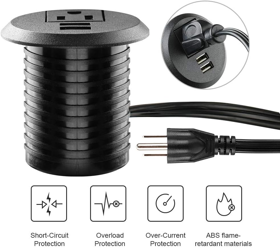 Desktop Power Grommet,2inch Hole Table Power Grommet Outlet with 2 USB Charging Ports,6.5ft Extension Cord Desk Power Strip with 1 Outlets for Computer,Table, Kitchen, Office,Home,Hotel and More