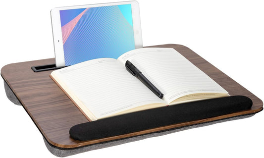Portable Laptop Desk Fits Up to 16“ Laptops, with Tablet Slot, Built-in Cushion, Great for Home & Office,Lap Desk with Cushion (Brown with Wrist Rest, Medium)