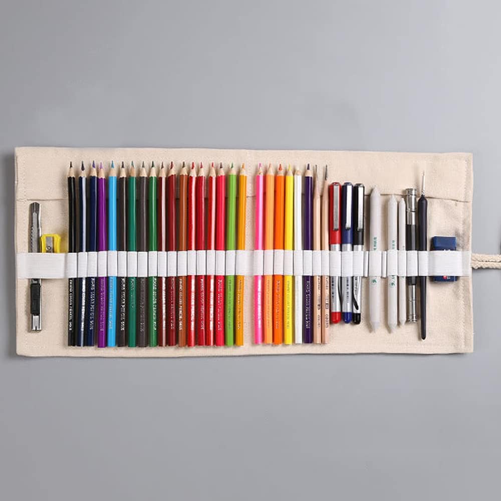 DIYOMR 24/36/72 Slots Pencil Wrap Pencil Rolls, Artist Colored Pencils Roll Up Bag Short Brushes Pouch Case Pencils Organizer for Drawing Coloring and Sketching (White, 72slots)