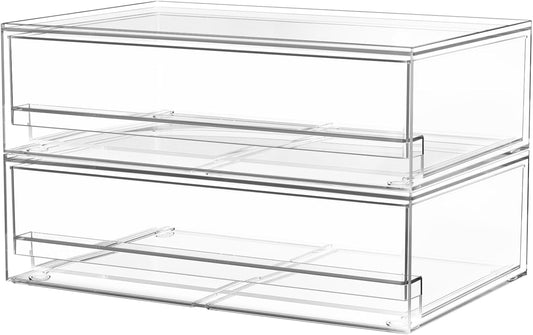 A-LuGei 【𝟮𝗣𝗖𝗦】 Acrylic Stackable Storage Drawers, 11.8" W Makeup Organizer, Bathroom Organizer and Storage, Plastic Storage Bins for Kitchen Cabinet Pantry Medicine Fridge