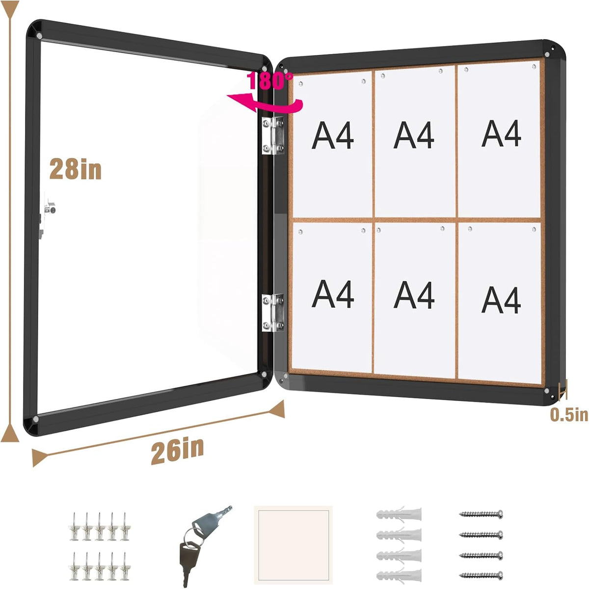 28"x26" Enclosed Bulletin Board, Lockable Weather-Resistant Aluminum Cork Noticeboard for School & Office, Black Frame w/Cork