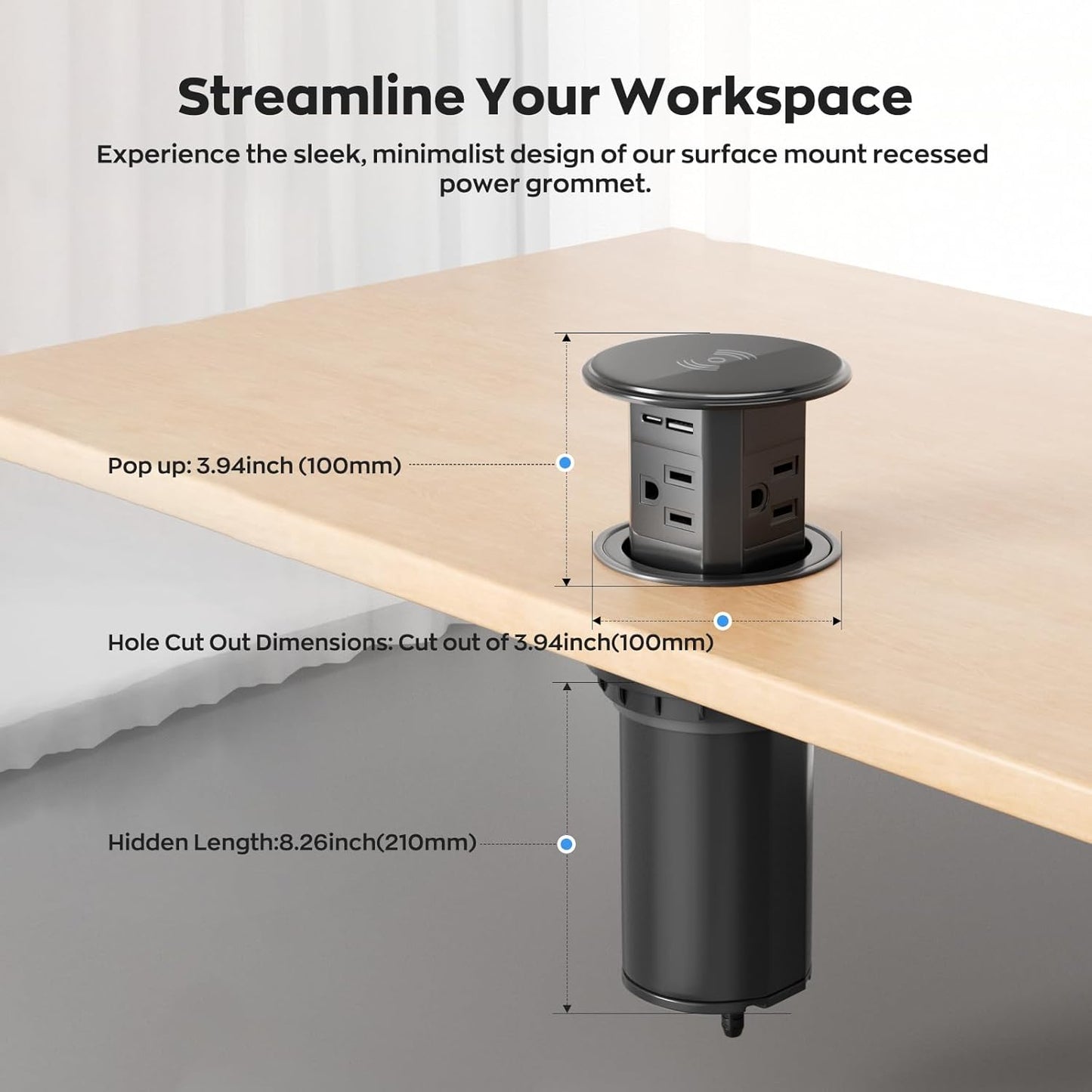 Pop Up Countertop Outlet with 15W Wireless Charger,Pop up Outlet,Max 20W USB Power Delivery,3.9" Space Saver Recessed Outlet,Pop Up Electrical Outlet with 4 Outlets 2 USB Ports for Home Office