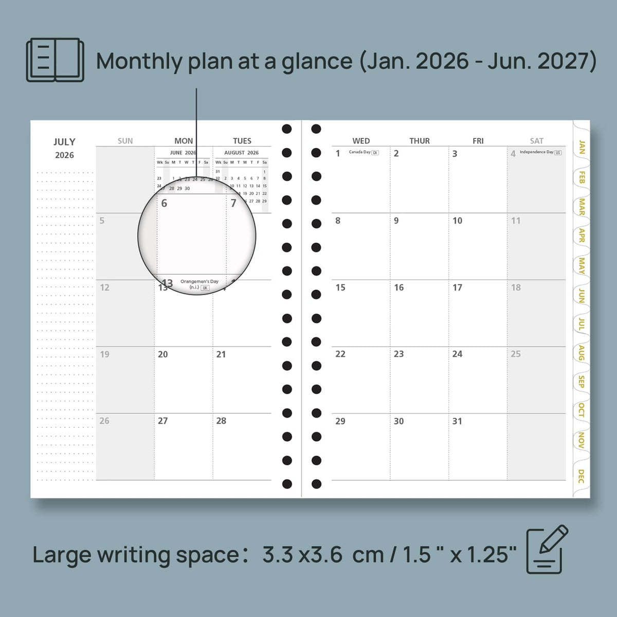 POPRUN Monthly Planner 2026-2027 Spiral Hardcover (6.25'' x 8.5''), 18 Months Calendar (Jan.2026-Jun.2027) - 2 Pages per Month with Dotted Note Pages, Sunday Start, Laminated Tab - Navy Blue
