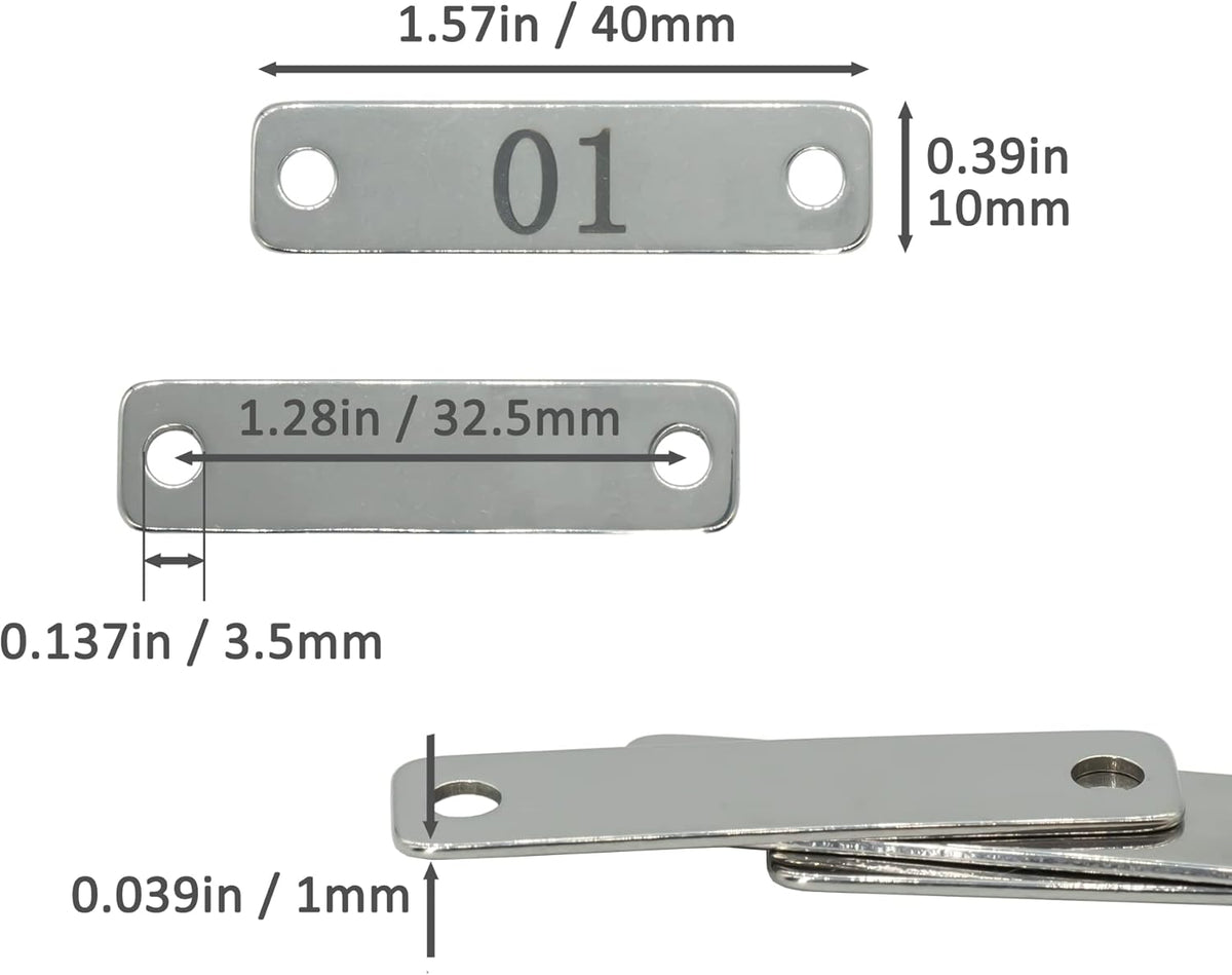 StayMax Small Stainless Steel Rectangle Numbered Tags with Two Holes 4cm*1cm (1-30)