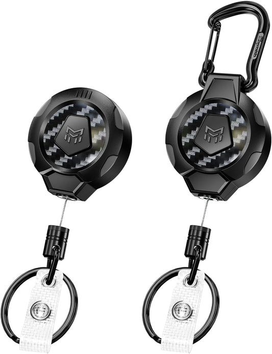 MNGARISTA Upgraded Heavy Duty Retractable Keychain, Belt Clip Ver. & Carabiner Ver., 10 oz Retraction, 31.5" Stainless Steel Cable, 3K Carbon Fiber Tactical ID Badge Reel Key Chain Retractor, 2 Pack