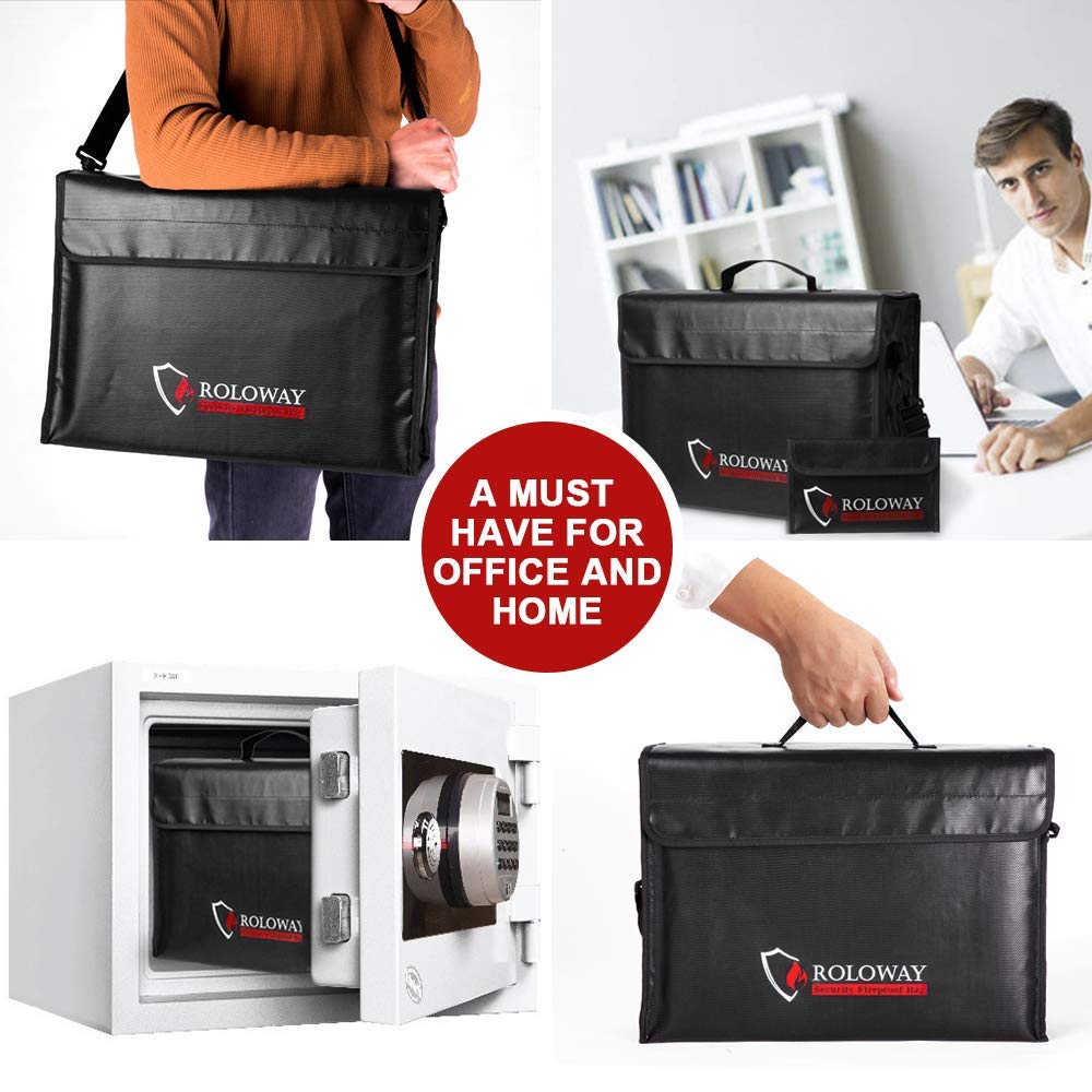 ROLOWAY Large (17 x 12 x 5.8 inches) Fireproof Bag, Water Resistant Fireproof Document Bag Safe for Money, Documents and Valuables Storage