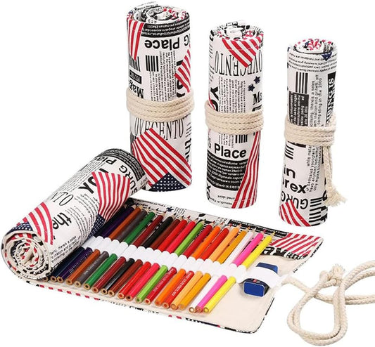 DIYOMR 12/24/36/72 Slots Pencil Wrap Pencil Rolls, Artist Colored Pencils Roll Up Bag Short Brushes Pouch Case Pencils Organizer for Drawing Coloring and Sketching, No Pencils (Flag, 12slots)