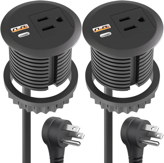 2pcs Desktop Power Grommet,2-inch Hole,10ft Cord,20W USB C Fast Charging Station,Round Recessed Outlet,2-USB Port,Flush Mount,Flat Plug,Black