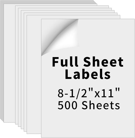 500 Sheets 500 Labels Full Sheet Label Sticker Paper for Laser & Inkjet Printers, 8.5" x 11" Self Adhesive Printer Paper Shipping Labels, Printable White Matte Mailing Label Stickers